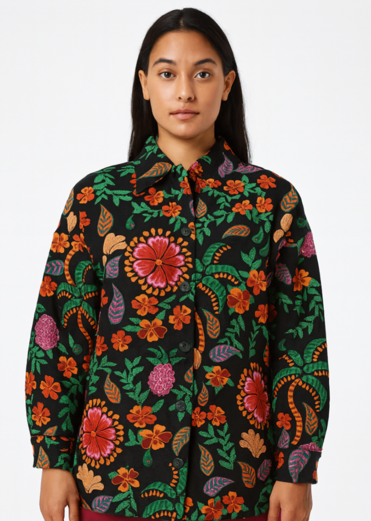 Women's floral Embroidered Button-up jacket-Multicolor in Black