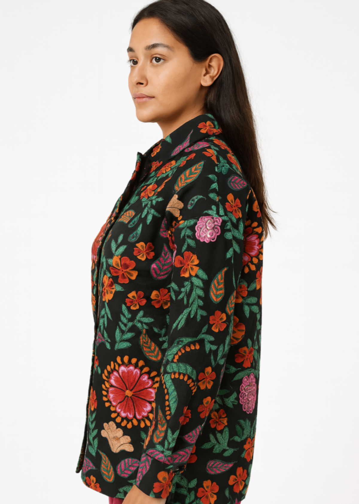 Women's floral Embroidered Button-up jacket-Multicolor in Black