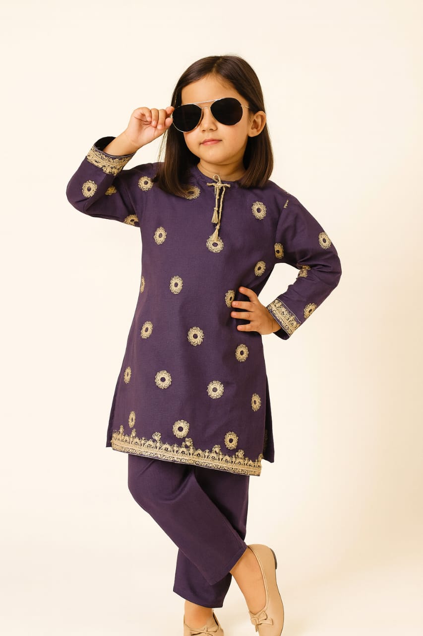 Girls Purple Embroidered Kurta Shalwar Set