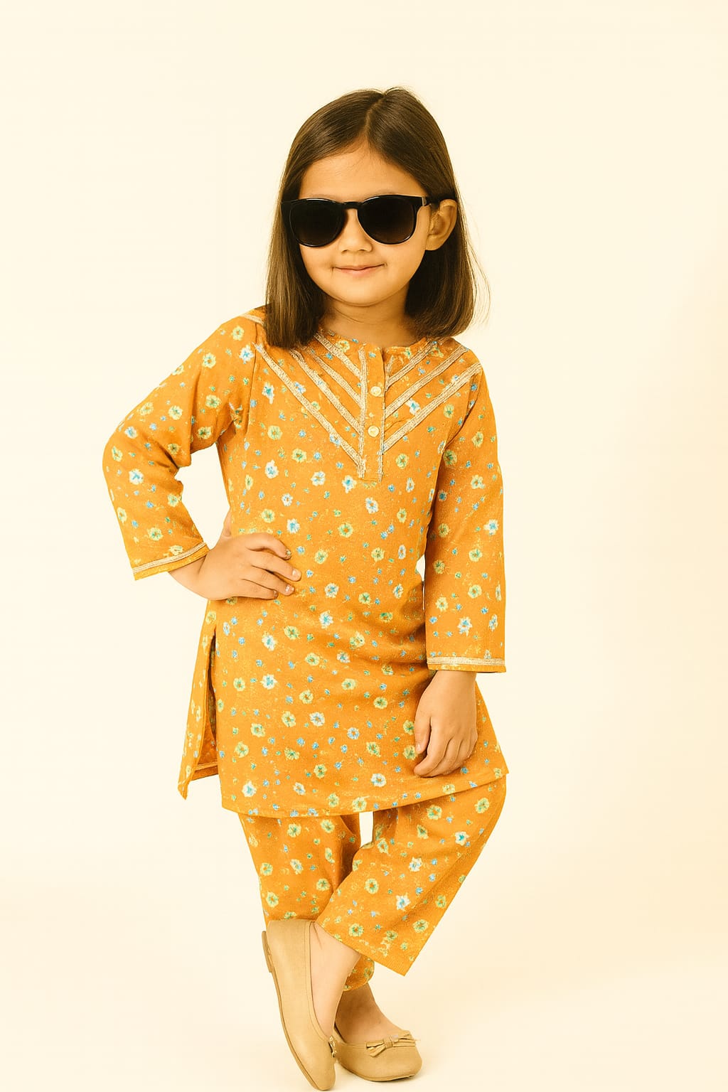 Girls Yellow Embroidered Kurta Shalwar Set