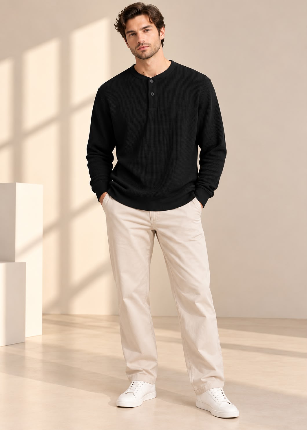 Men's Waffle-Knit Long-Sleeve Henley Sweatshirt – Black