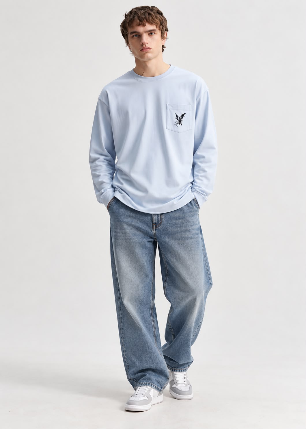 Men's Long-Sleeve Pocket T-Shirt with Dragon Graphic – Light Blue