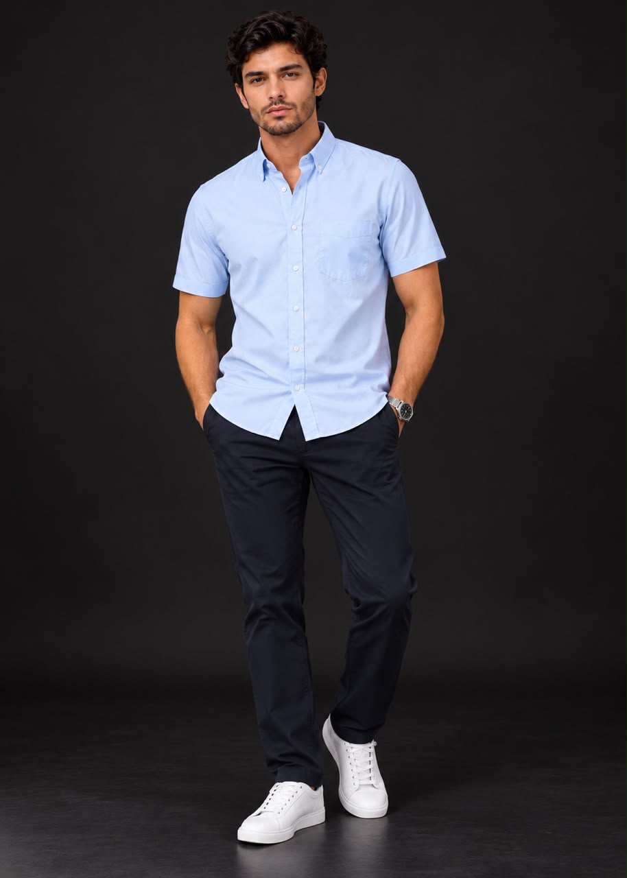 Men's Short-Sleeve Oxford Button-Down Shirt – Light Blue