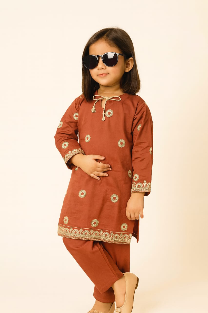 Girls Rust Embroidered Kurta Shalwar Set