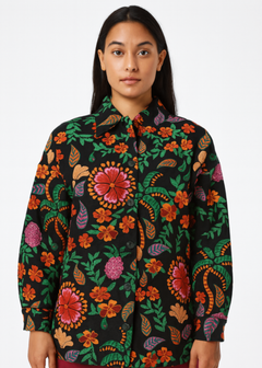 Women's floral Embroidered Button-up jacket-Multicolor in Black