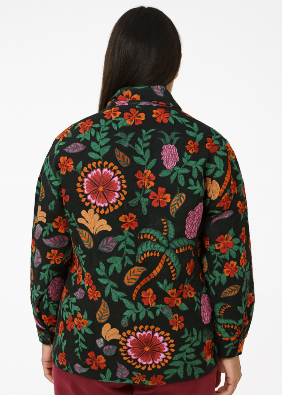 Women's floral Embroidered Button-up jacket-Multicolor in Black