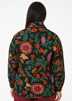 Women's floral Embroidered Button-up jacket-Multicolor in Black